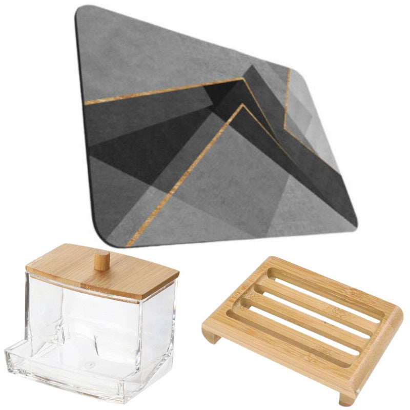 Covoras pentru baie ultra absorbant, anti-alunecare, material Diaton, Model Abstract, 50 x 80 cm cu Sapuniera din lemn natura