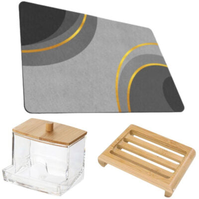 Covoras pentru baie ultra absorbant, anti-alunecare, material Diaton, Model Cercle, 50 x 80 cm cu Sapuniera din lemn natural 