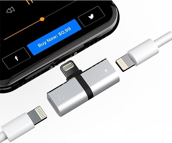 Adaptor 2in1 HF Lighting, Audio si Incarcare, Compatibil cu Telefoane IPhone, 2 x Lighting, 5V/2A, 48KHz/24-bit, Argintiu
