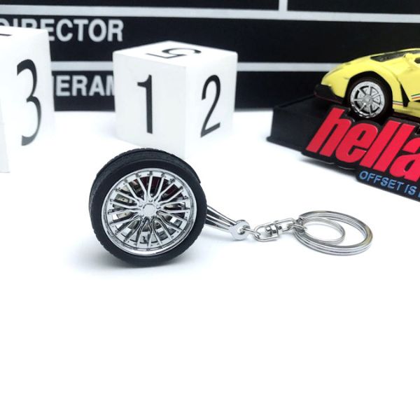 Breloc metalic anticoroziv, model roata auto tunning cu janta si disc de frana, 10 x 3.5 x 2 cm, Argintiu