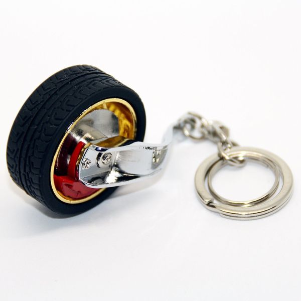 Breloc metalic anticoroziv, model roata auto tunning cu janta si disc de frana, 10 x 3.5 x 2 cm, Auriu