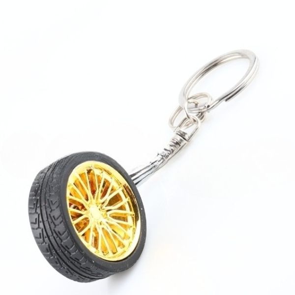 Breloc metalic anticoroziv, model roata auto tunning cu janta si disc de frana, 10 x 3.5 x 2 cm, Auriu