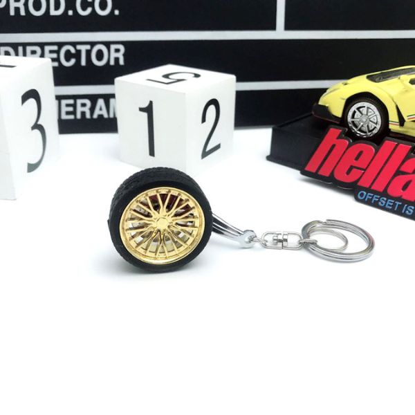 Breloc metalic anticoroziv, model roata auto tunning cu janta si disc de frana, 10 x 3.5 x 2 cm, Auriu