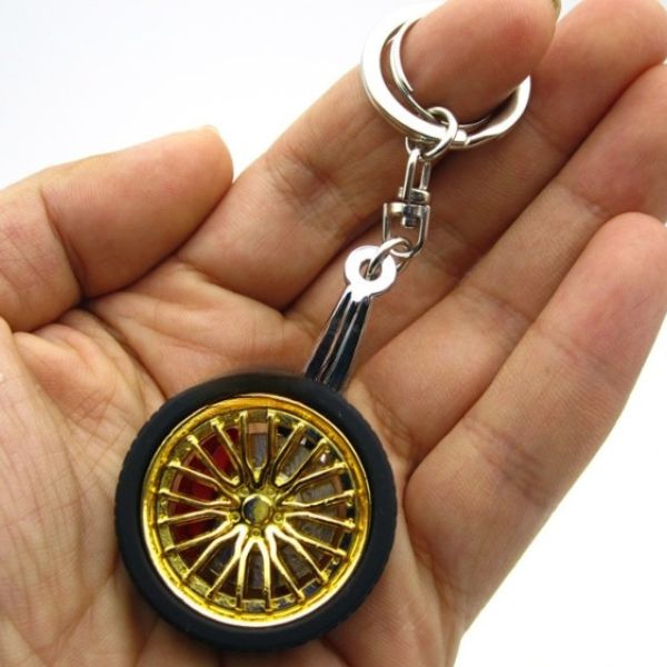 Breloc metalic anticoroziv, model roata auto tunning cu janta si disc de frana, 10 x 3.5 x 2 cm, Auriu