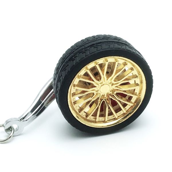 Breloc metalic anticoroziv, model roata auto tunning cu janta si disc de frana, 10 x 3.5 x 2 cm, Auriu