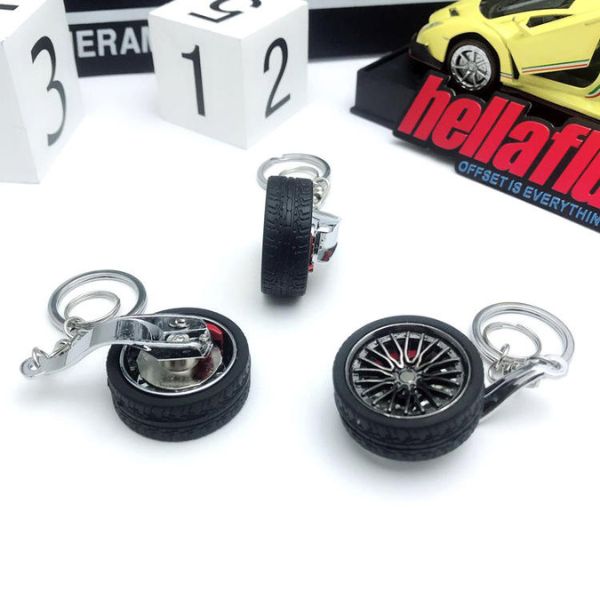 Breloc metalic anticoroziv, model roata auto tunning cu janta si disc de frana, 10 x 3.5 x 2 cm, Negru