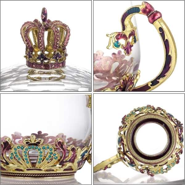 Cana Handmade Mercaton Crown din Sticla Emailata, Transparenta, Termorezistenta, cu Capac si Lingurita, Design Coroana, 320 m
