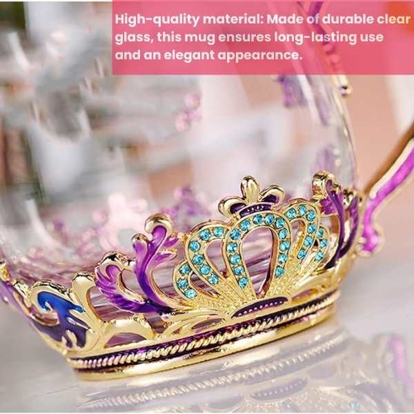 Cana Handmade Mercaton Crown din Sticla Emailata, Transparenta, Termorezistenta, cu Capac si Lingurita, Design Coroana, 320 m