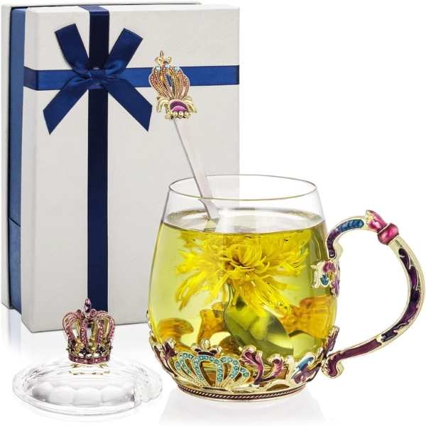 Cana Handmade Mercaton Crown din Sticla Emailata, Transparenta, Termorezistenta, cu Capac si Lingurita, Design Coroana, 320 m
