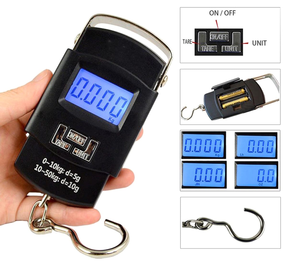 Cantar Electronic cu Carlig de Buzunar, Greutate maxima 50 Kg, Functie HOLD, Negru