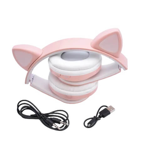 Casti audio Wireless, Microfon incorporat, Bluetooth 5.0, Slot Card, LED, Model Urechi Pisica, Radio, Roz