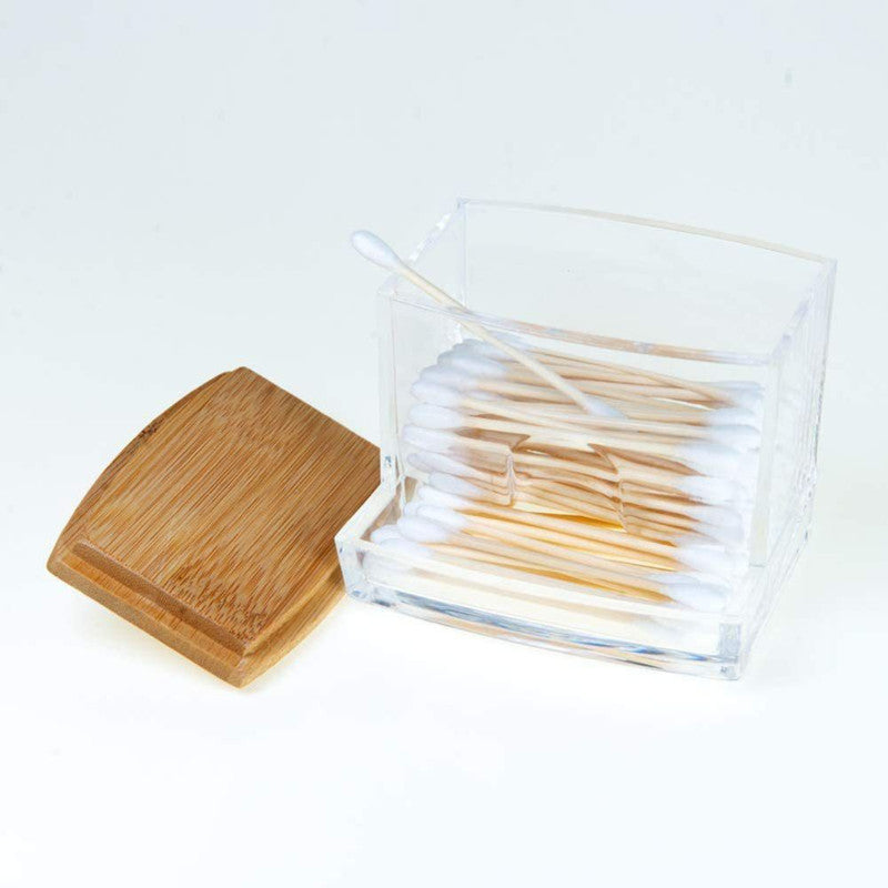 Cutie pentru Depozitare Betioase de Ureche, din Plastic si cu Capac din Lemn de Bambus, 9 x 7.5 cm