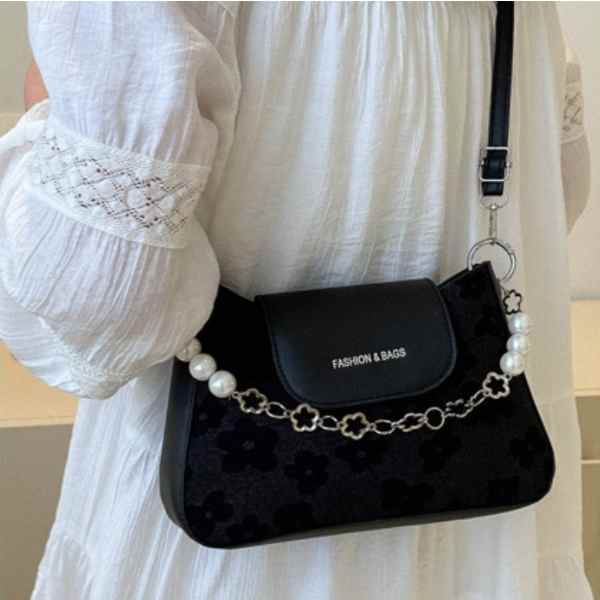 Geanta de Umar cu Perle, Model Elegant, Imprimeu Flori, Piele Ecologica, 3.5 x 16 x 6 cm, Negru