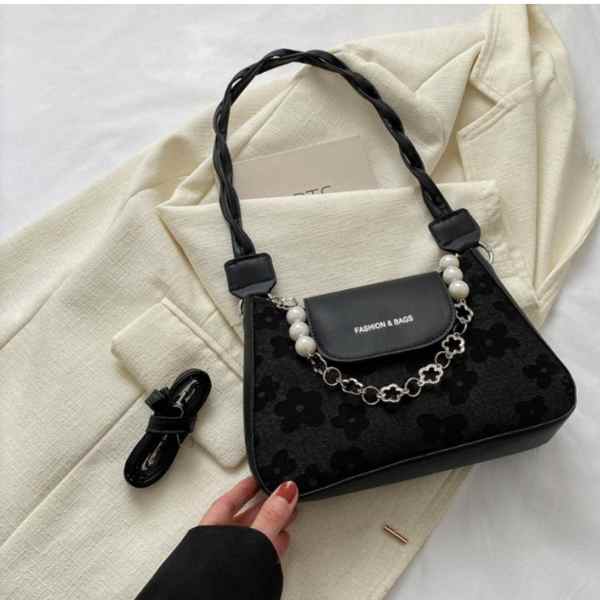 Geanta de Umar cu Perle, Model Elegant, Imprimeu Flori, Piele Ecologica, 3.5 x 16 x 6 cm, Negru