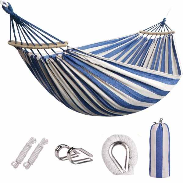 Hamac de Gradina Mercaton cu Suport de Lemn Anti-Incalcire, Sac Transport si Accesorii Montaj Incluse, Maxim 180 Kg, Multicol