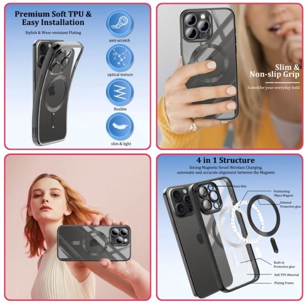 Husa pentru iPhone 16 Pro Max, TPU, Protectie si pentru Camera, MagSafe, Anti-Alunecare, Anti-Galbenire, Transparenta cu Marg