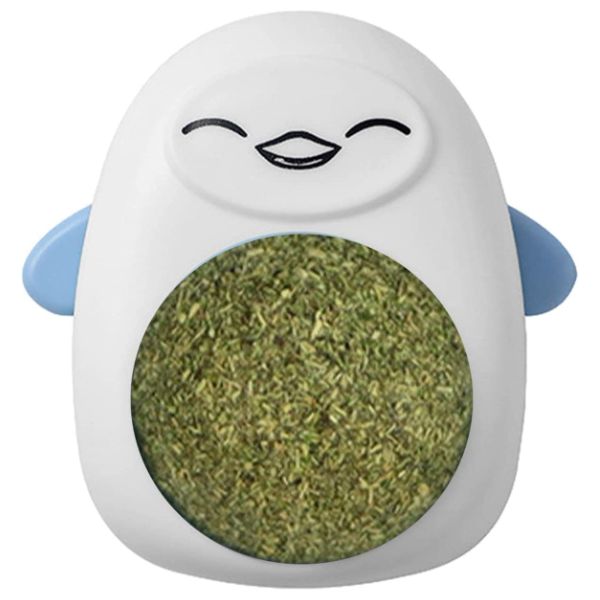 Jucarie interactiva Model Pinguin pentru pisicute cu minge rotativa 360° din iarba Catnip, 4.3 x 6 cm, Albastru