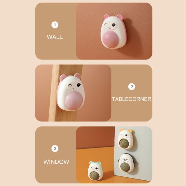 Jucarie interactiva Model Ursulet pentru pisicute cu minge rotativa 360° din iarba Catnip, 4.3 x 6 cm, Roz