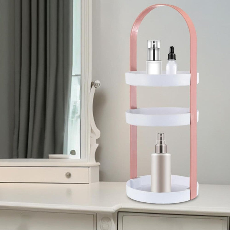 Organizator portabil pentru cosmetice cu maner si 3 rafturi, Plastic PP, 19.5 x 50 cm, Roz