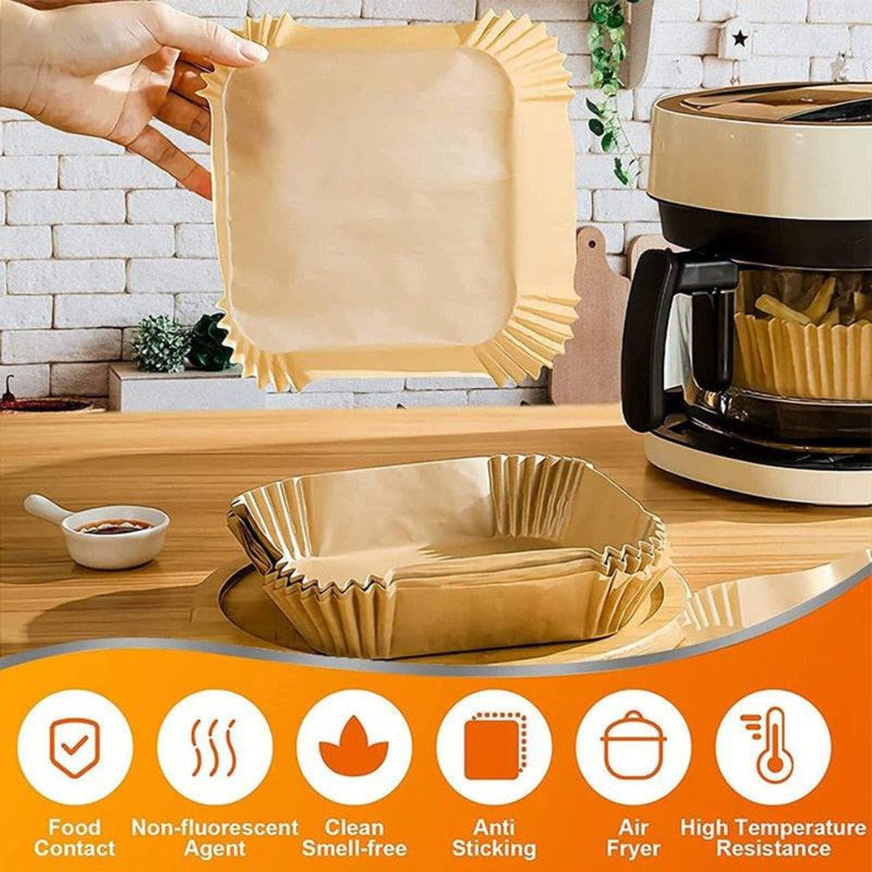 Set 100 Hartii de copt sau prajit pentru Airfryer, Forma patrat, in suport de plastic cu capac, 16 x 16 cm