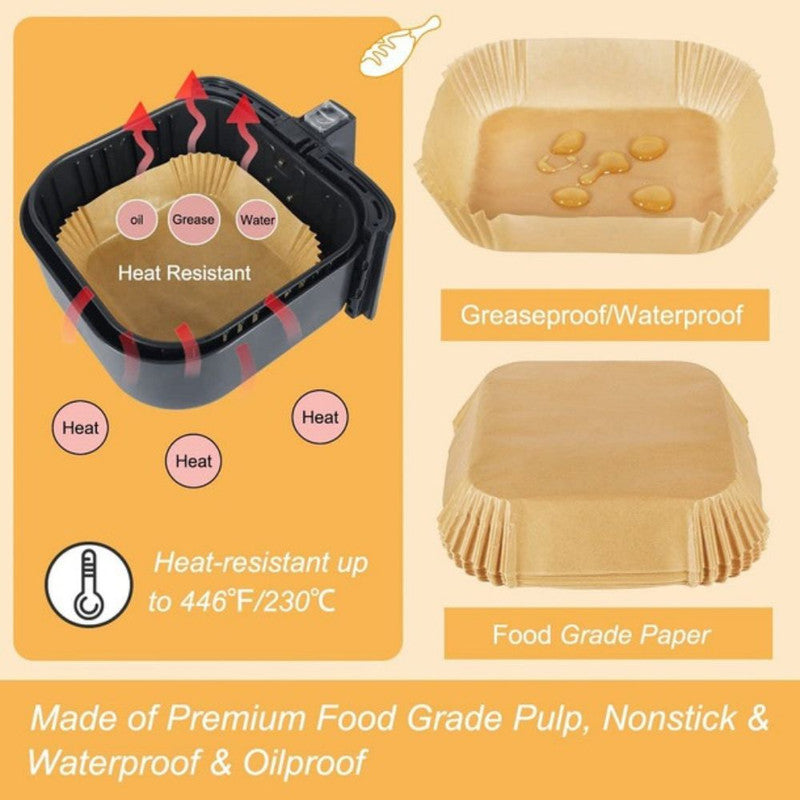Set 100 Hartii de copt sau prajit pentru Airfryer, Forma patrat, in suport de plastic cu capac, 16 x 16 cm