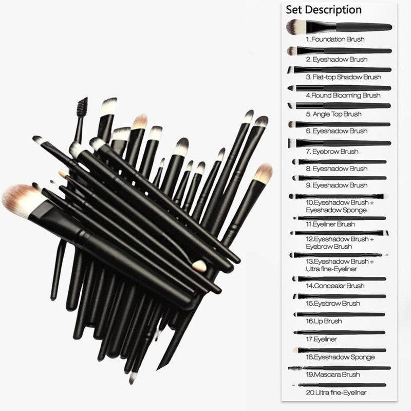 Set 20 Perii pentru Makeup, Antialergice, Lungime 15 cm, Pot fi spalate, Negru