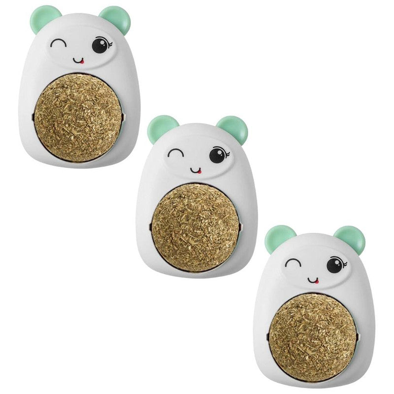 Set 3 Jucarii Mercaton pentru Pisicute, Model Ursulet, Minge Rotativa 360° din Iarba Catnip, 6 cm, Roz