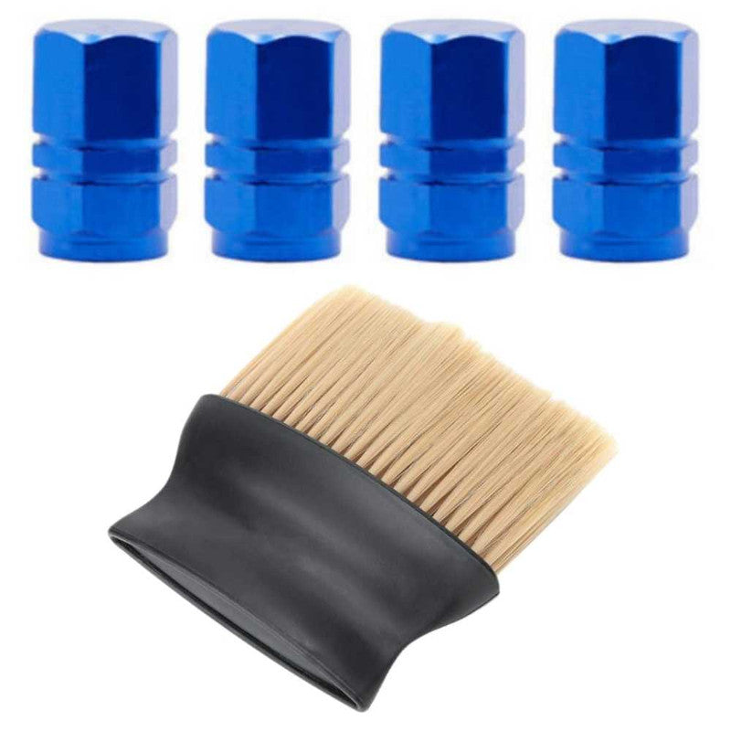 Set 4 Capace Hexagonale pentru Valve Auto, din Aluminiu, 1.8 cm, Albastru si Perie SoftTouch cu Fire din Nylon si Manger Ergo