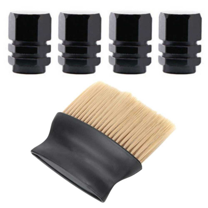 Set 4 Capace Hexagonale pentru Valve Auto, din Aluminiu, 1.8 cm, Negru si Perie SoftTouch cu Fire din Nylon si Manger Ergonom