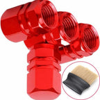 Set 4 Capace Hexagonale pentru Valve Auto, din Aluminiu, 1.8 cm, Rosu si Perie SoftTouch cu Fire din Nylon si Manger Ergonomi