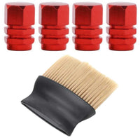 Set 4 Capace Hexagonale pentru Valve Auto, din Aluminiu, 1.8 cm, Rosu si Perie SoftTouch cu Fire din Nylon si Manger Ergonomi