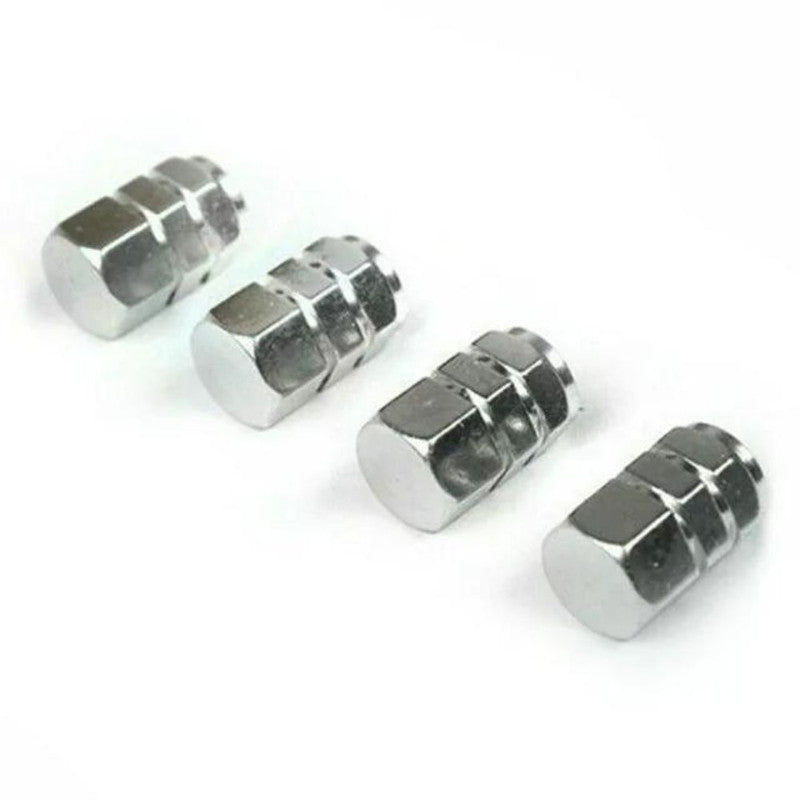 Set 4 capace hexagonale decorative pentru valva auto, Aluminiu, 1.8 cm, Argintiu