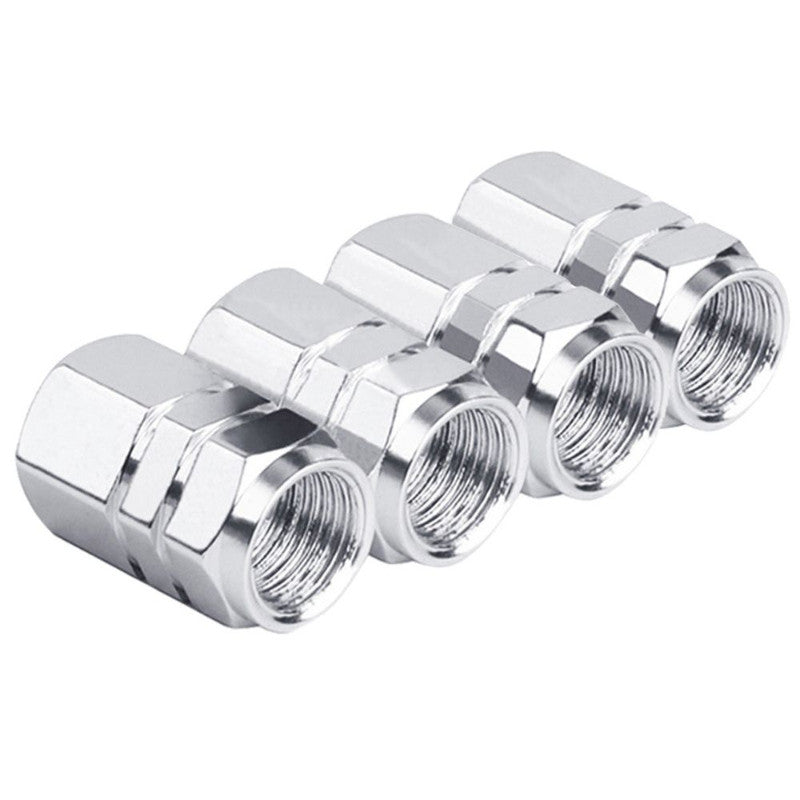 Set 4 capace hexagonale decorative pentru valva auto, Aluminiu, 1.8 cm, Argintiu