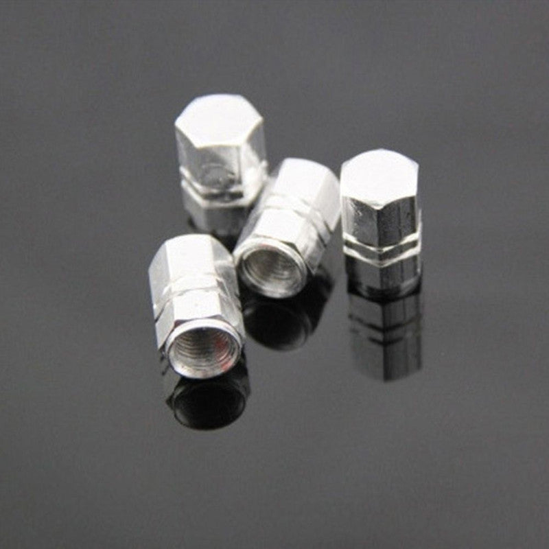 Set 4 capace hexagonale decorative pentru valva auto, Aluminiu, 1.8 cm, Argintiu