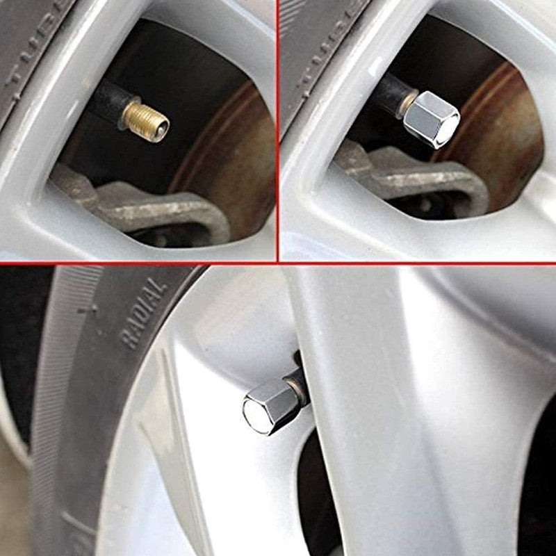 Set 4 capace hexagonale decorative pentru valva auto, Aluminiu, 1.8 cm, Argintiu