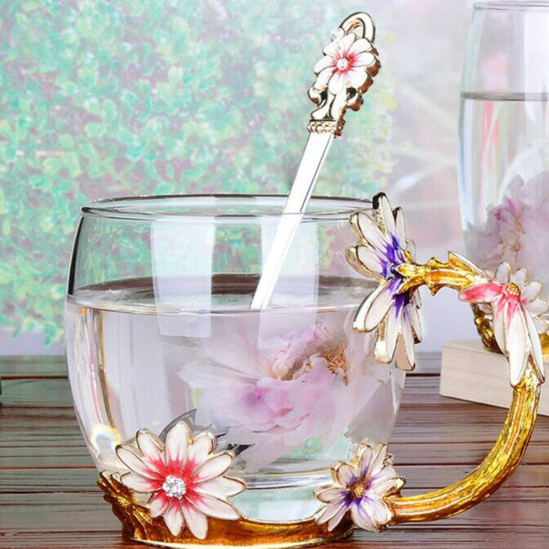Cana Handmade Mercaton Fleur-de-Lis din Sticla Emailata, Transparenta, Termorezistenta, cu Capac, Lingurita si Farfurie, Desi