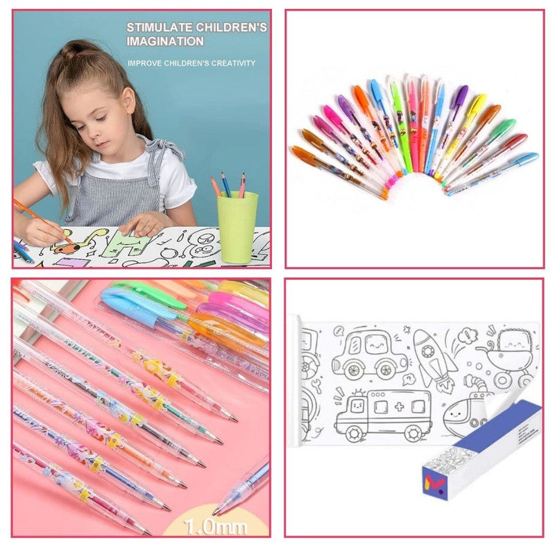 Set Creativ pentru copi, Rola de Hartie Auto-Adeziva, Model cu Masini si Set de 36 Pixuri Parfumate cu Gel si Sclipici