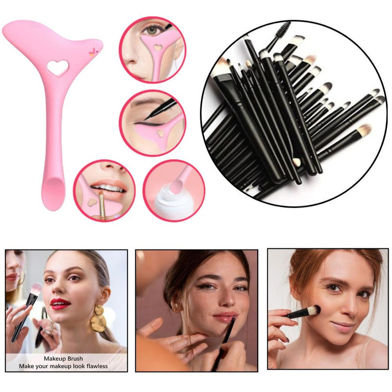 Set Profesional de Machiaj cu 20 de Pensule Antialergice si Sablon Multifunctional 4-in-1 Eyeliner din Silicon in Nuanta Roz