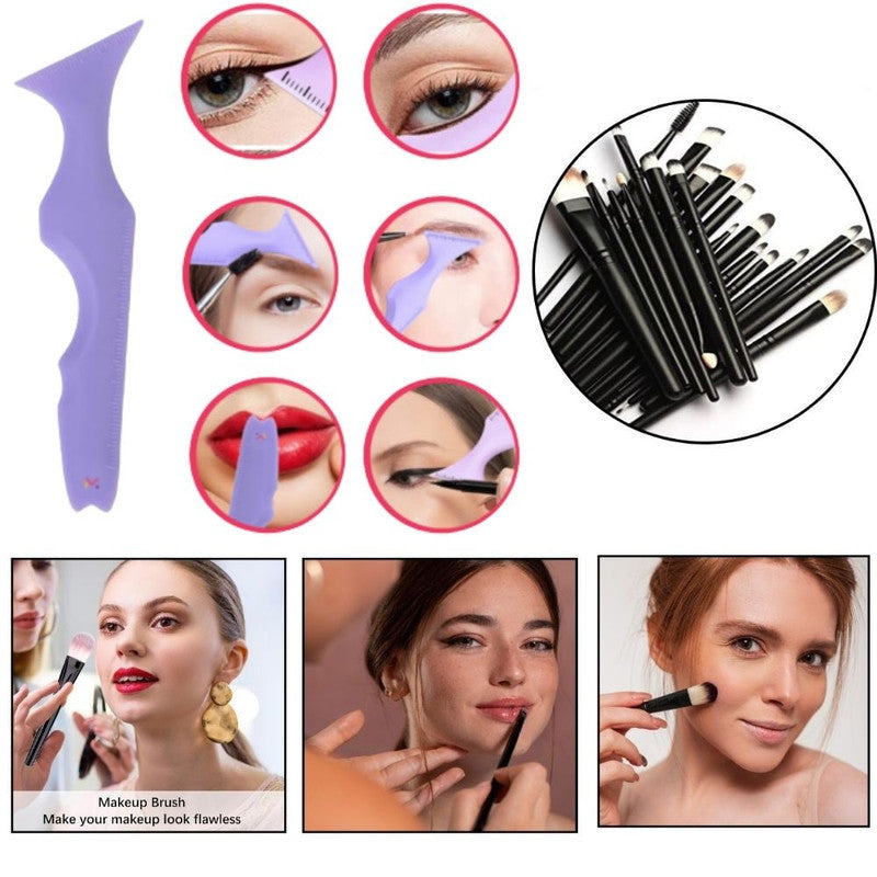 Set Profesional de Machiaj cu 20 de Pensule Antialergice si Sablon Multifunctional 5-in-1 Eyeliner din Silicon in Nuanta Mov