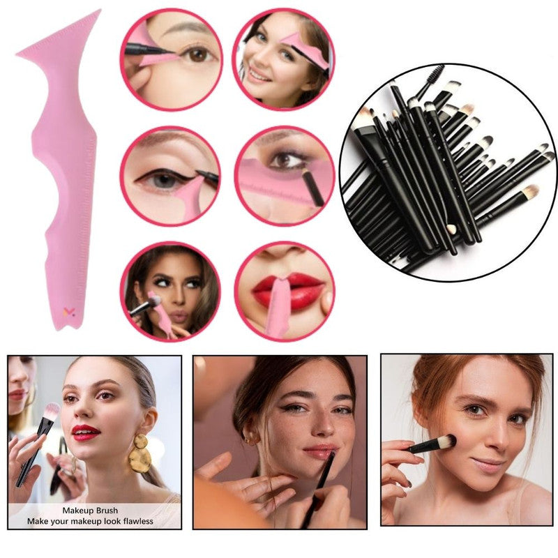 Set Profesional de Machiaj cu 20 de Pensule Antialergice si Sablon Multifunctional 5-in-1 Eyeliner din Silicon in Nuanta Roz