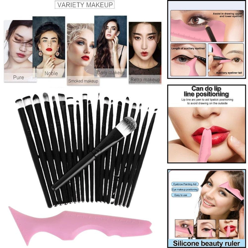 Set Profesional de Machiaj cu 20 de Pensule Antialergice si Sablon Multifunctional 5-in-1 Eyeliner din Silicon in Nuanta Roz