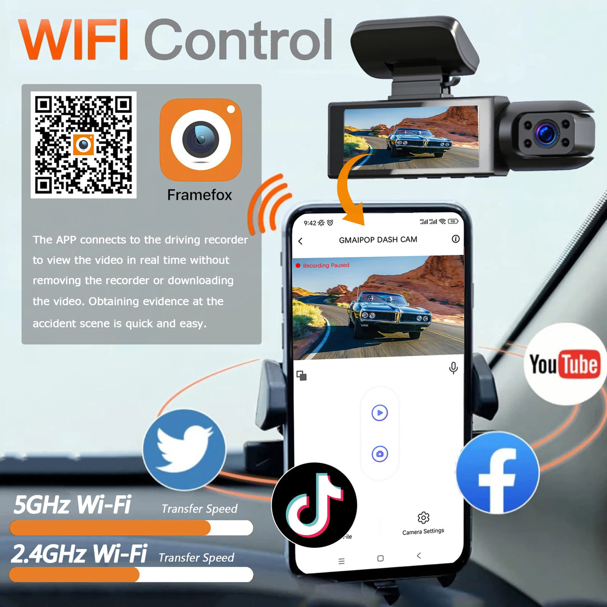 CAMERĂ AUTO WI‑FI FULL HD CU ÎNREGISTRARE ÎN BUCLĂ