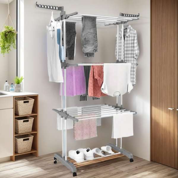 Uscator Vertical de Rufe, Mercaton, 3 Nivele, Pliabil, Roti cu Sistem Blocare, Capacitate 40 Kg, Cadru Otel, 75 x 126 cm, Alb
